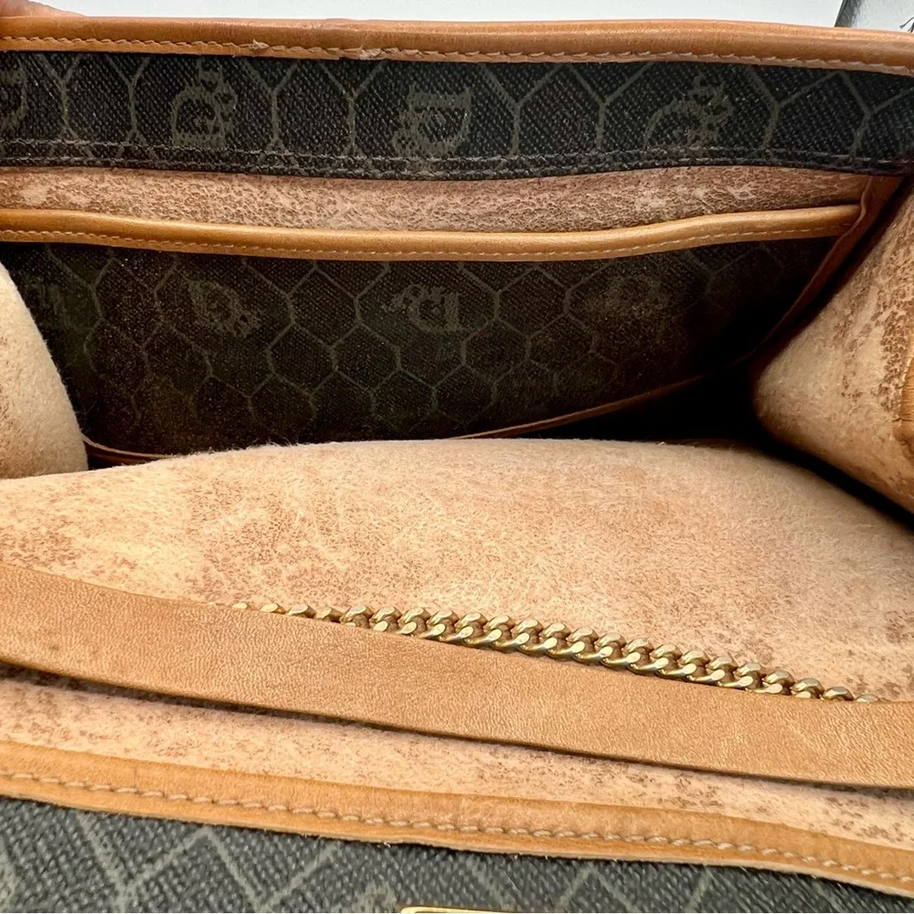 Dior Honeycomb Coated Canvas Chain Shoulder Bag in Black with Tan Leather Trim